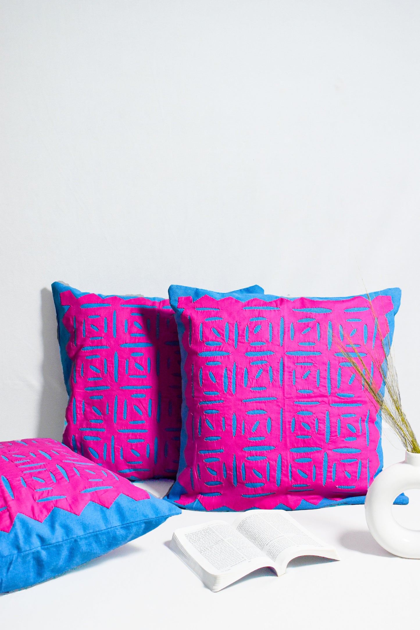 Handmade Applique Patchwork Cushion Cover (16 x 16), Blue