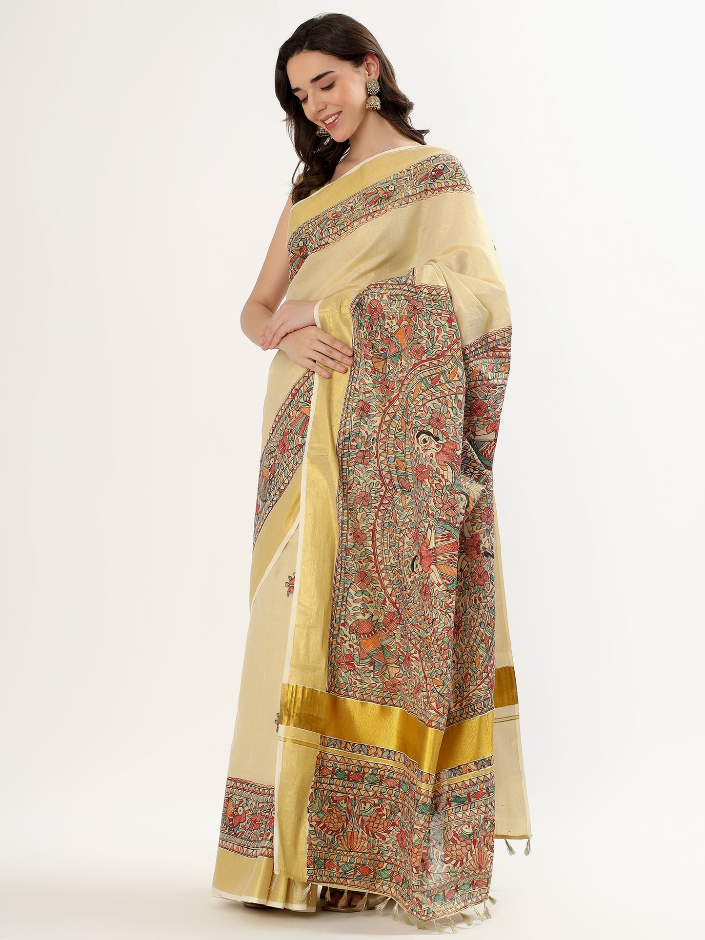 Handmade Cream Saree with Madhubani Art & Golden Border – Artisan Heritage Elegance (MADHUBANI PAINTING)