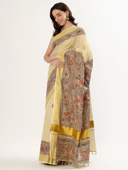 Handmade Cream Saree with Madhubani Art & Golden Border – Artisan Heritage Elegance (MADHUBANI PAINTING)