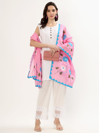 Handmade Women’s Cotton Dupatta – 2.5 Meter Applique Patchwork with Floral Embroidery & Zigzag Borde