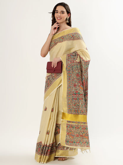 AWWRAT Handpainted Madhubani Art Saree – Artisan Heritage Elegance (MADHUBANI PAINTING)