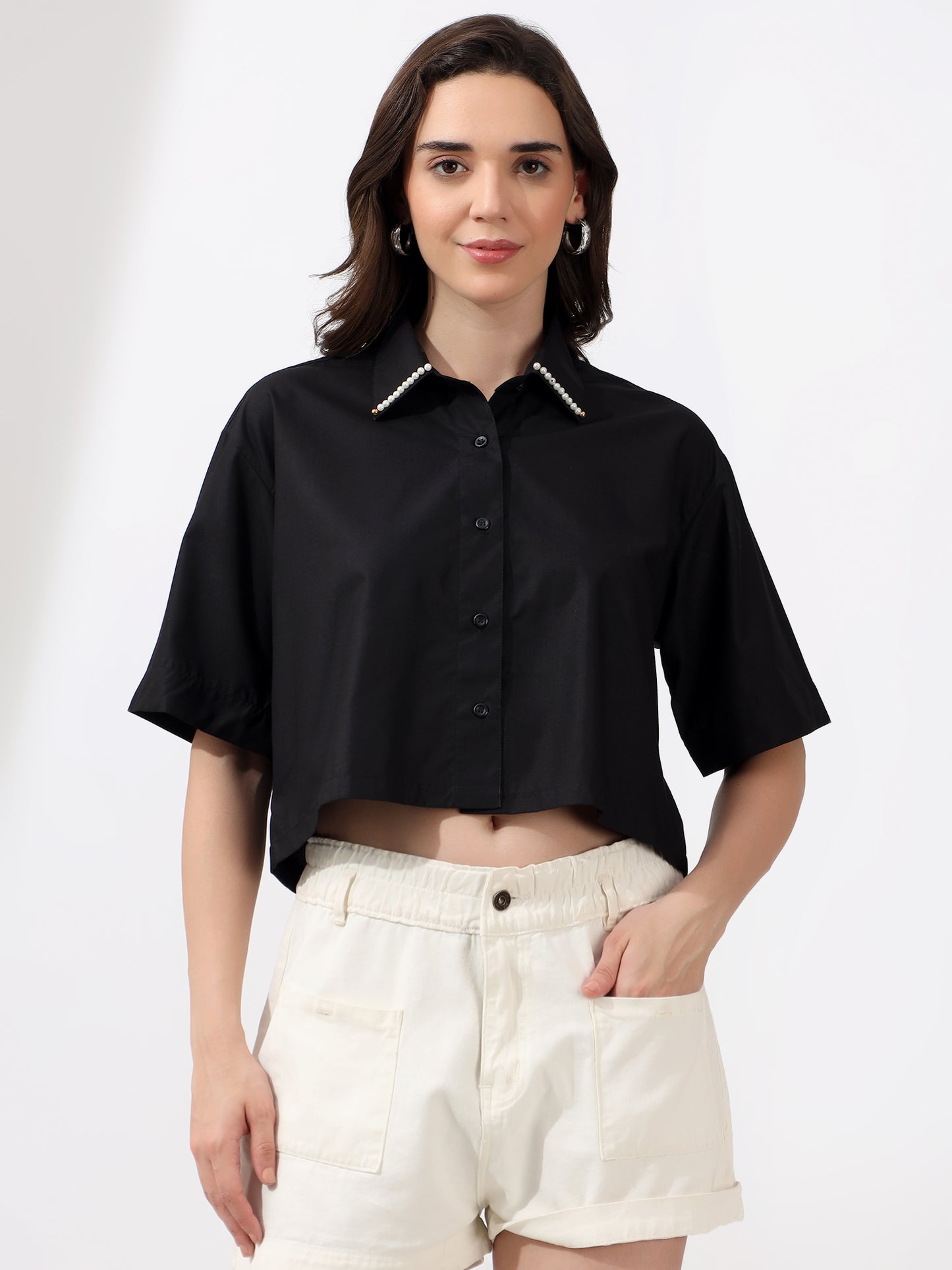 Designer Black Cropped Half Shirt with Pearl Collar – Modern Chic Casual Wear