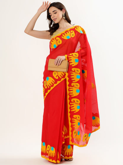 Handmade Red Saree with Yellow Elephant Motifs & Colorful Accents – Artisan Cotton Elegance ( APPLIQUE WORK )