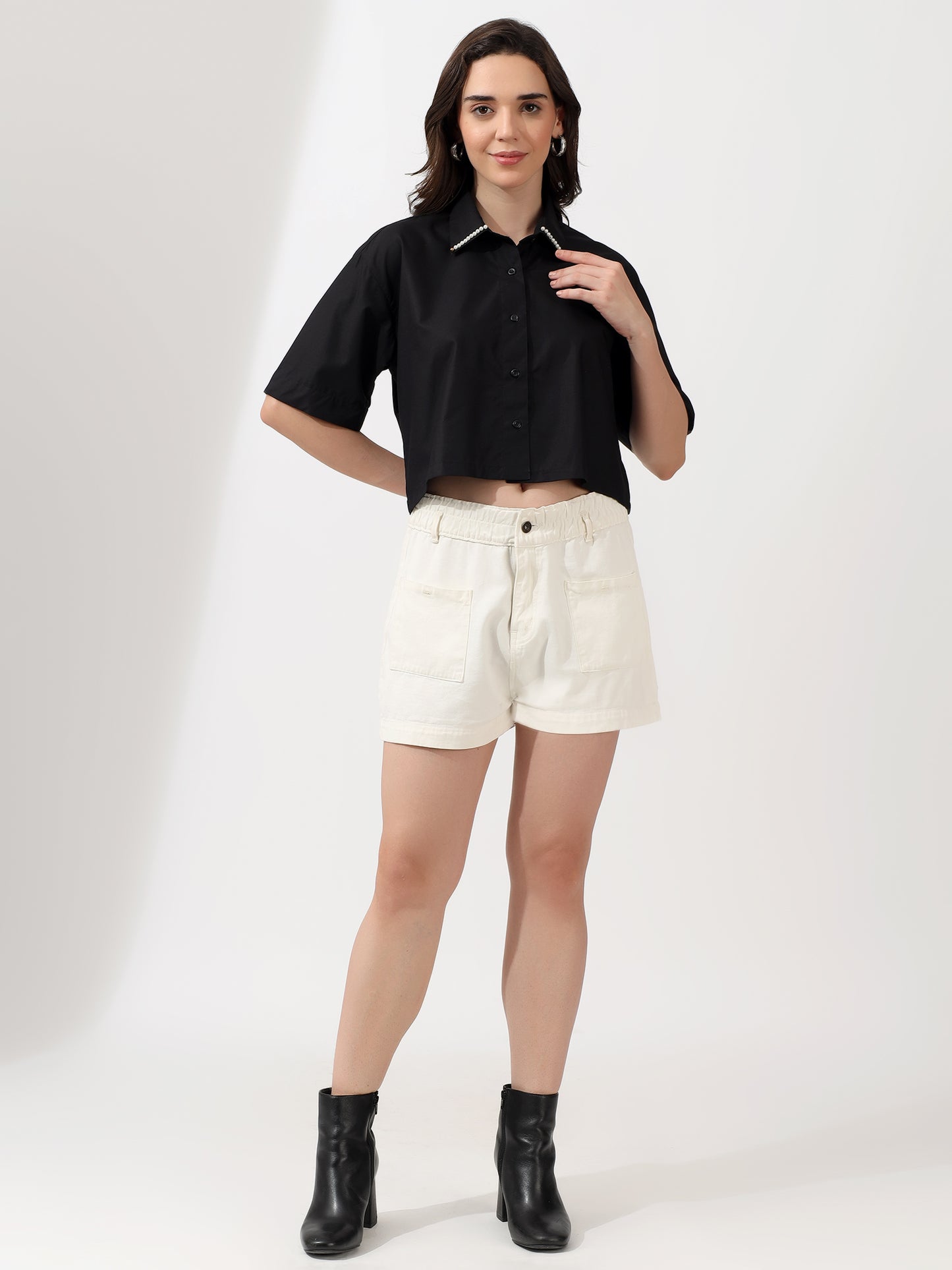 Designer Black Cropped Half Shirt with Pearl Collar – Modern Chic Casual Wear