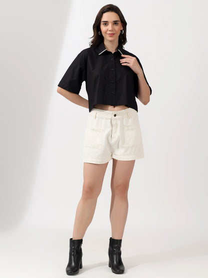 Designer Black Cropped Half Shirt with Pearl Collar – Modern Chic Casual Wear