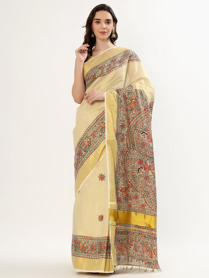 Handmade Cream Saree with Madhubani Art & Golden Border – Artisan Heritage Elegance (MADHUBANI PAINTING)