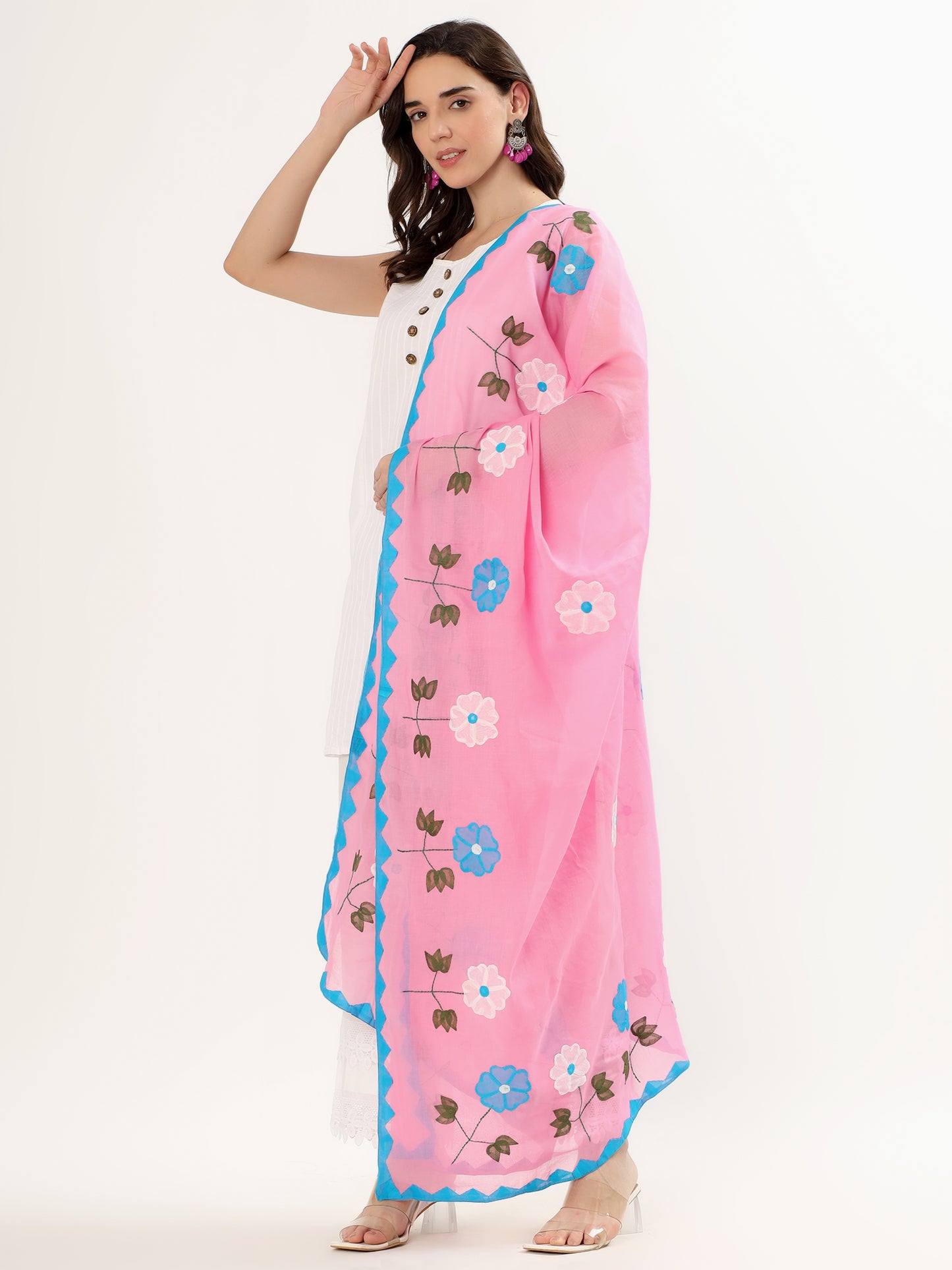 Handmade Women’s Cotton Dupatta – 2.5 Meter Applique Patchwork with Floral Embroidery & Zigzag Borde