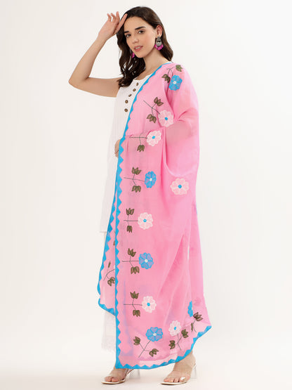 Handmade Women’s Cotton Dupatta – 2.5 Meter Applique Patchwork with Floral Embroidery & Zigzag Borde