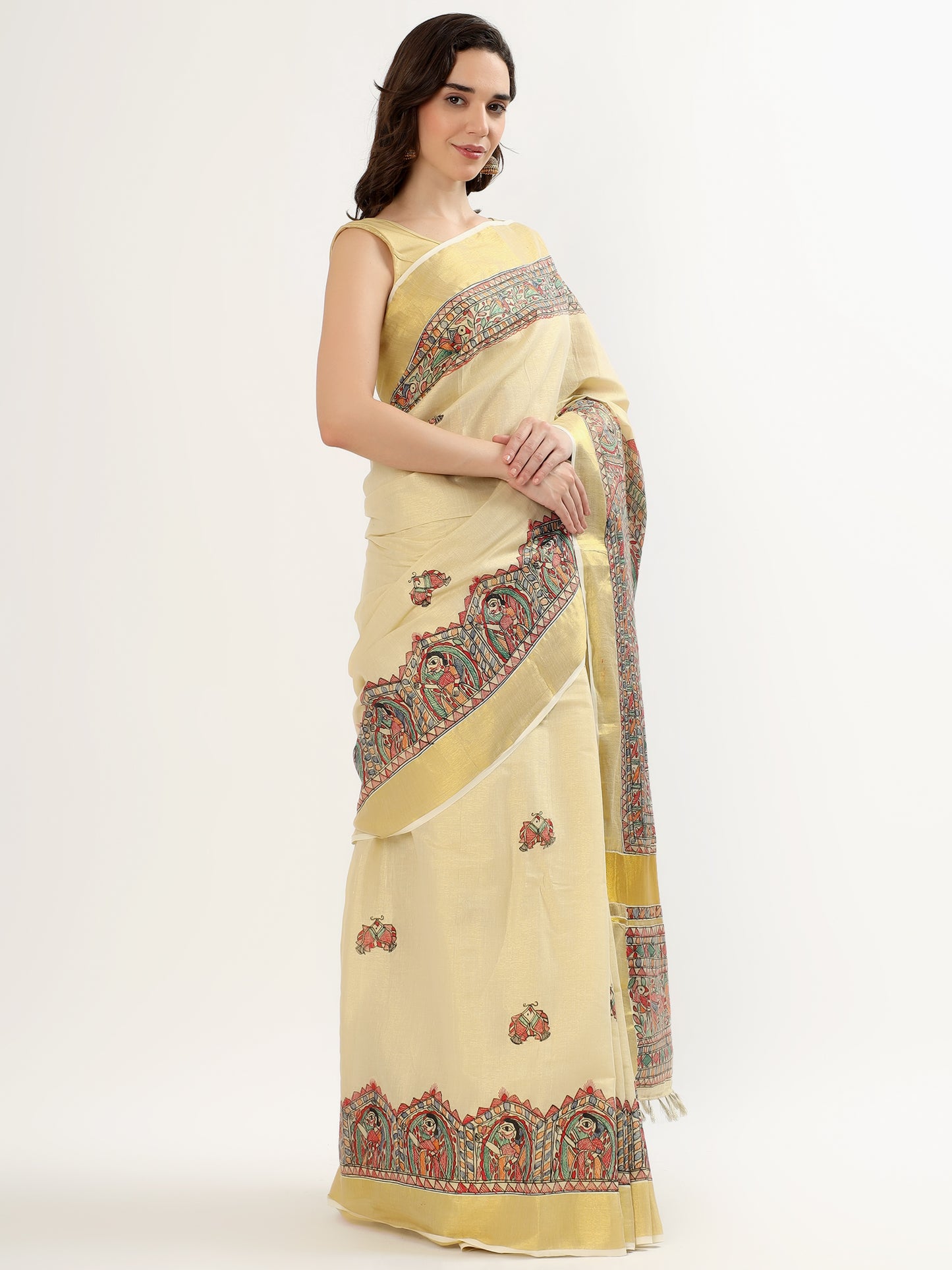 AWWRAT Handpainted Madhubani Art Saree – Artisan Heritage Elegance (MADHUBANI PAINTING)