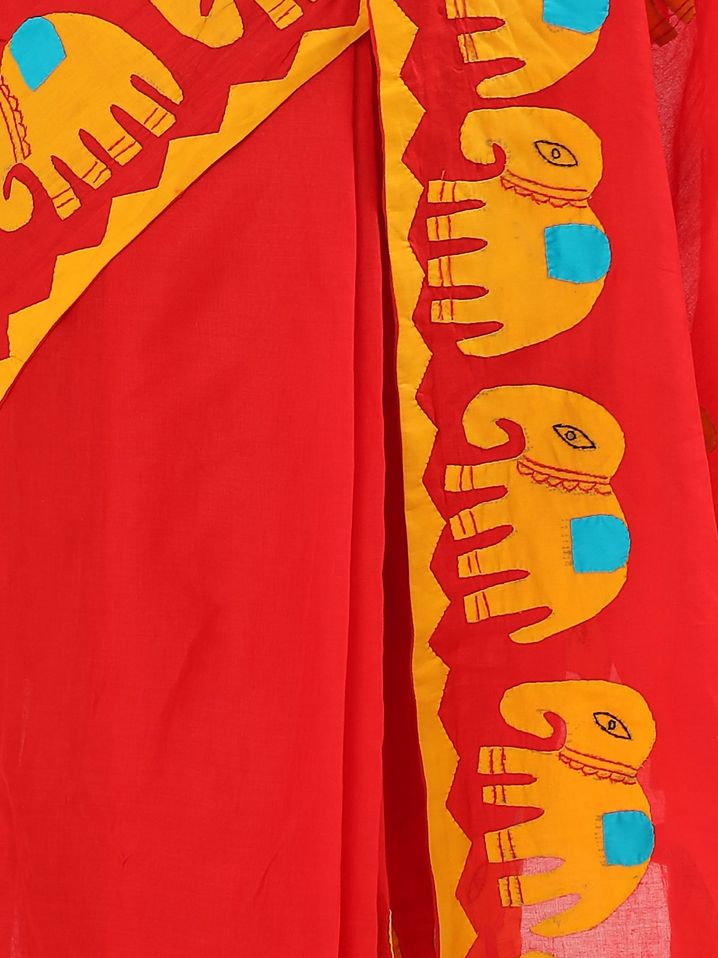 Handmade Red Saree with Yellow Elephant Motifs & Colorful Accents – Artisan Cotton Elegance ( APPLIQUE WORK )