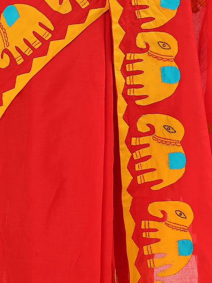 Handmade Red Saree with Yellow Elephant Motifs & Colorful Accents – Artisan Cotton Elegance ( APPLIQUE WORK )