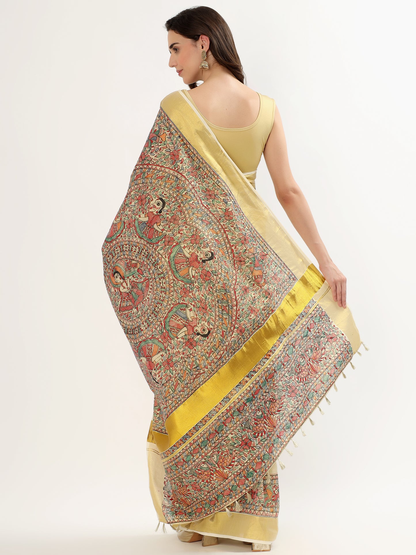 Handmade Cream Saree with Madhubani Art & Golden Border – Artisan Heritage Elegance (MADHUBANI PAINTING)