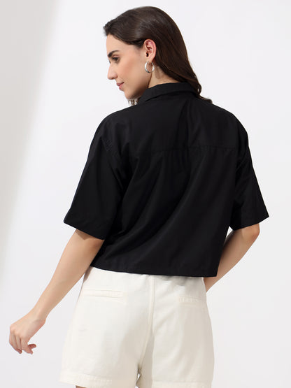 Designer Black Cropped Half Shirt with Pearl Collar – Modern Chic Casual Wear