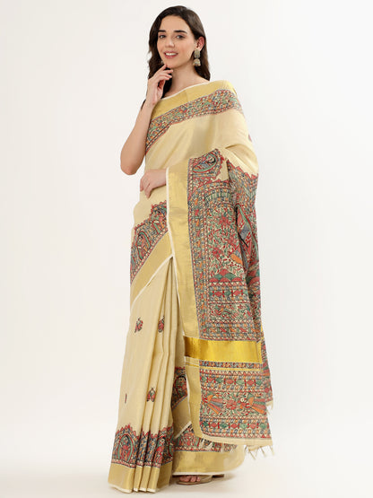 AWWRAT Handpainted Madhubani Art Saree – Artisan Heritage Elegance (MADHUBANI PAINTING)