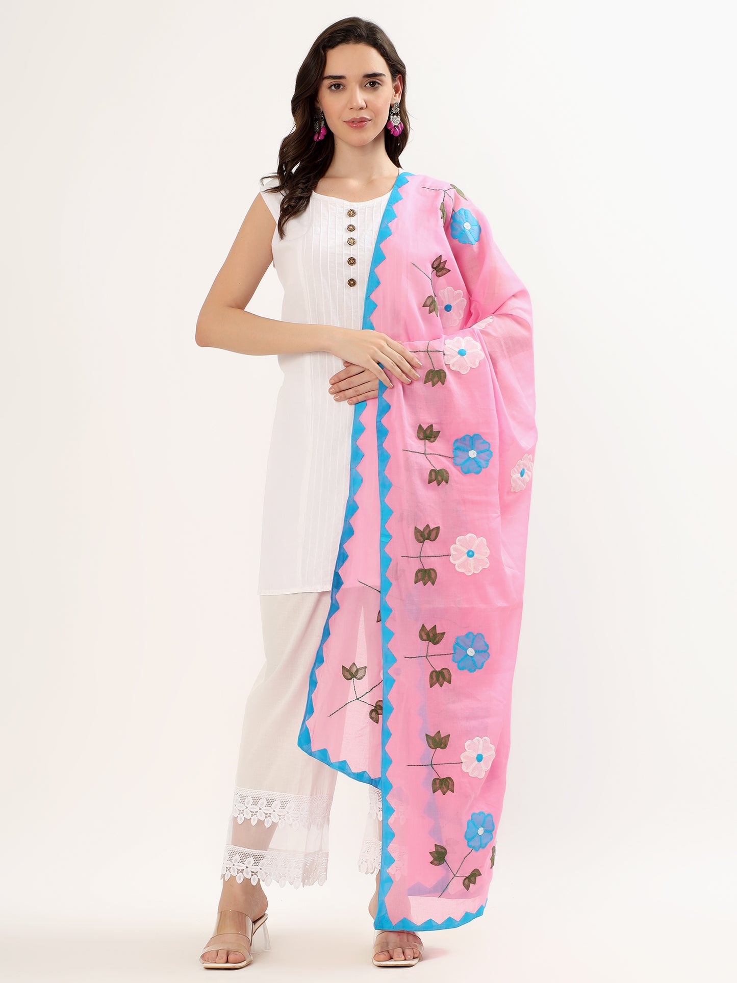 Handmade Women’s Cotton Dupatta – 2.5 Meter Applique Patchwork with Floral Embroidery & Zigzag Borde