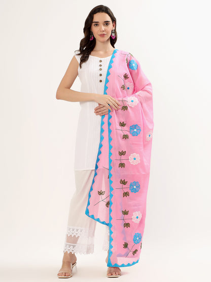 Handmade Women’s Cotton Dupatta – 2.5 Meter Applique Patchwork with Floral Embroidery & Zigzag Borde