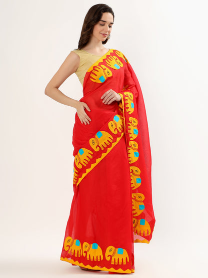 Handmade Red Saree with Yellow Elephant Motifs & Colorful Accents – Artisan Cotton Elegance ( APPLIQUE WORK )