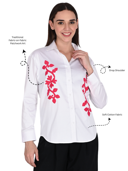 Designer Handmade Applique Patchwork Shirt For Women's, (White)