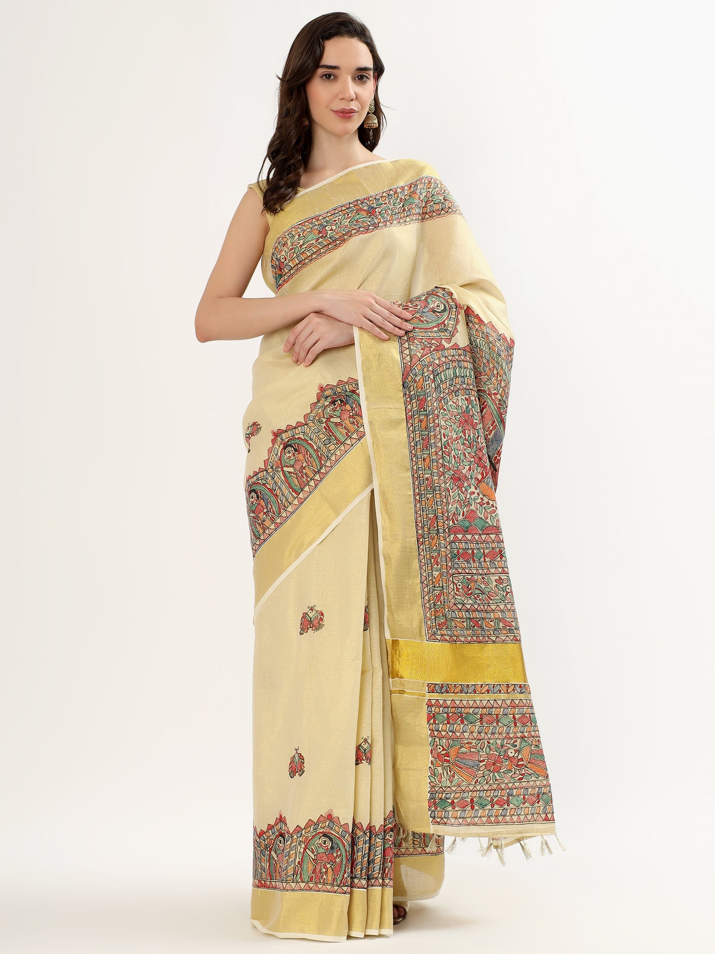 AWWRAT Handpainted Madhubani Art Saree – Artisan Heritage Elegance (MADHUBANI PAINTING)