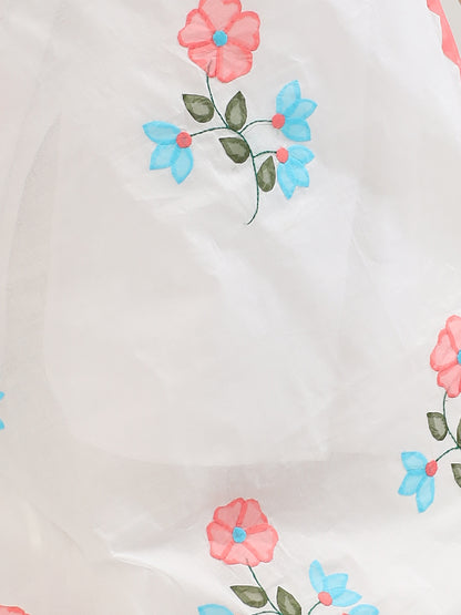 Handmade Women’s Cotton Dupatta – 2.5 Meter Applique Patchwork with Floral Embroidery & Zigzag Borde (WHITE)