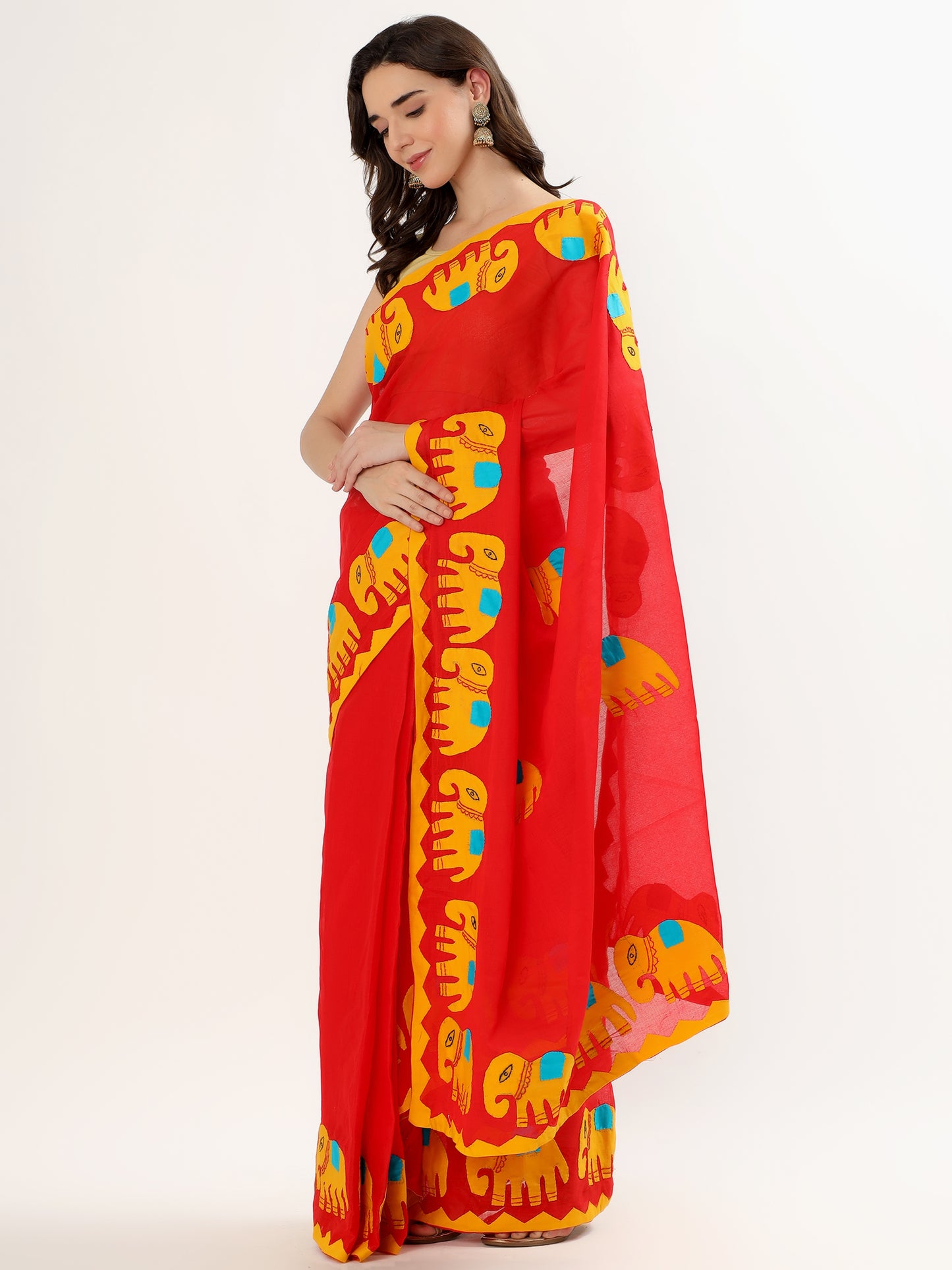 Handmade Red Saree with Yellow Elephant Motifs & Colorful Accents – Artisan Cotton Elegance ( APPLIQUE WORK )