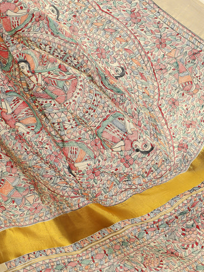 Handmade Cream Saree with Madhubani Art & Golden Border – Artisan Heritage Elegance (MADHUBANI PAINTING)