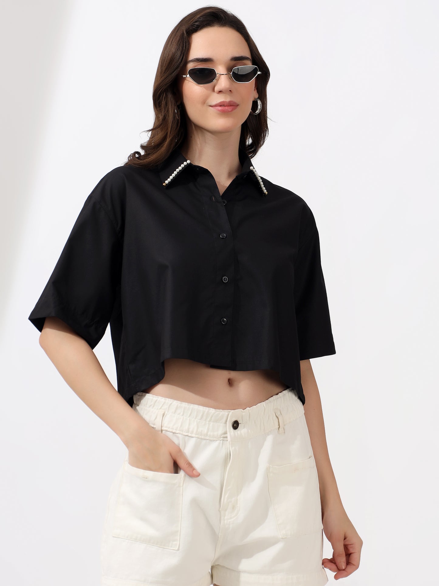 Designer Black Cropped Half Shirt with Pearl Collar – Modern Chic Casual Wear