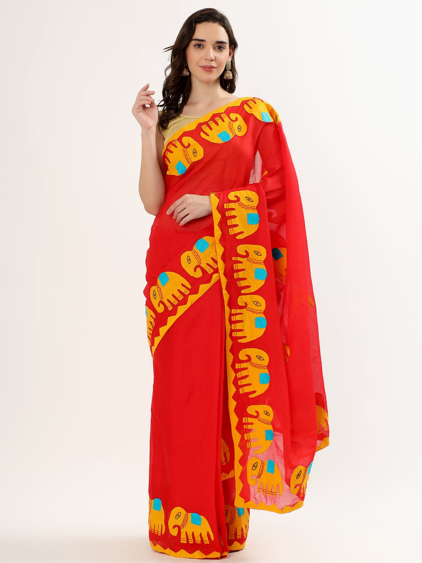 Handmade Red Saree with Yellow Elephant Motifs & Colorful Accents – Artisan Cotton Elegance ( APPLIQUE WORK )
