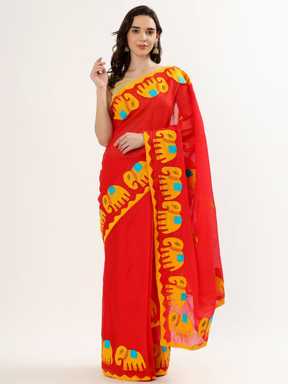 Handmade Red Saree with Yellow Elephant Motifs & Colorful Accents – Artisan Cotton Elegance ( APPLIQUE WORK )