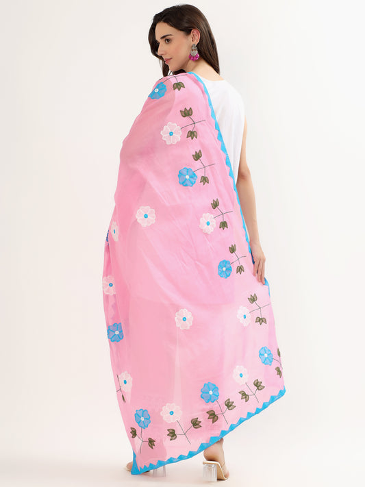 Handmade Women’s Cotton Dupatta – 2.5 Meter Applique Patchwork with Floral Embroidery & Zigzag Borde