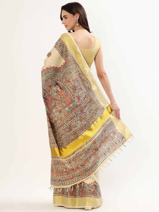 AWWRAT Handpainted Madhubani Art Saree – Artisan Heritage Elegance (MADHUBANI PAINTING)