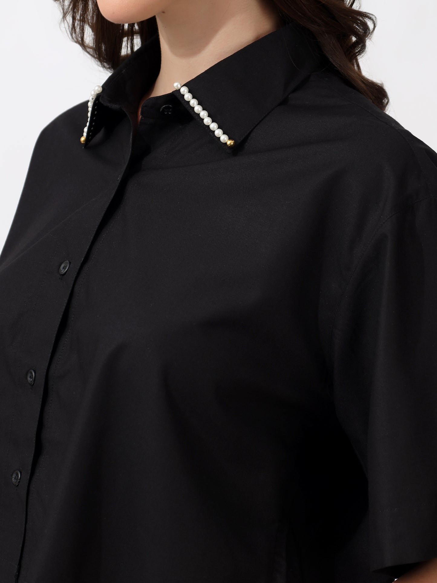 Designer Black Cropped Half Shirt with Pearl Collar – Modern Chic Casual Wear