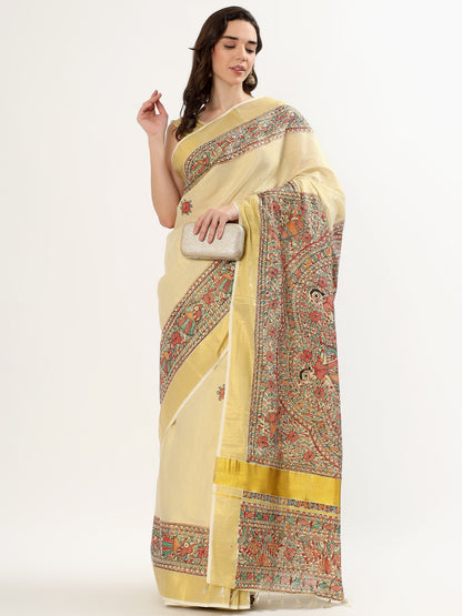 Handmade Cream Saree with Madhubani Art & Golden Border – Artisan Heritage Elegance (MADHUBANI PAINTING)
