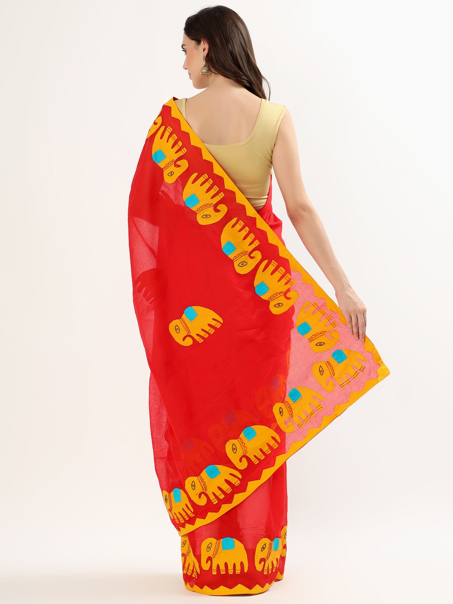 Handmade Red Saree with Yellow Elephant Motifs & Colorful Accents – Artisan Cotton Elegance ( APPLIQUE WORK )