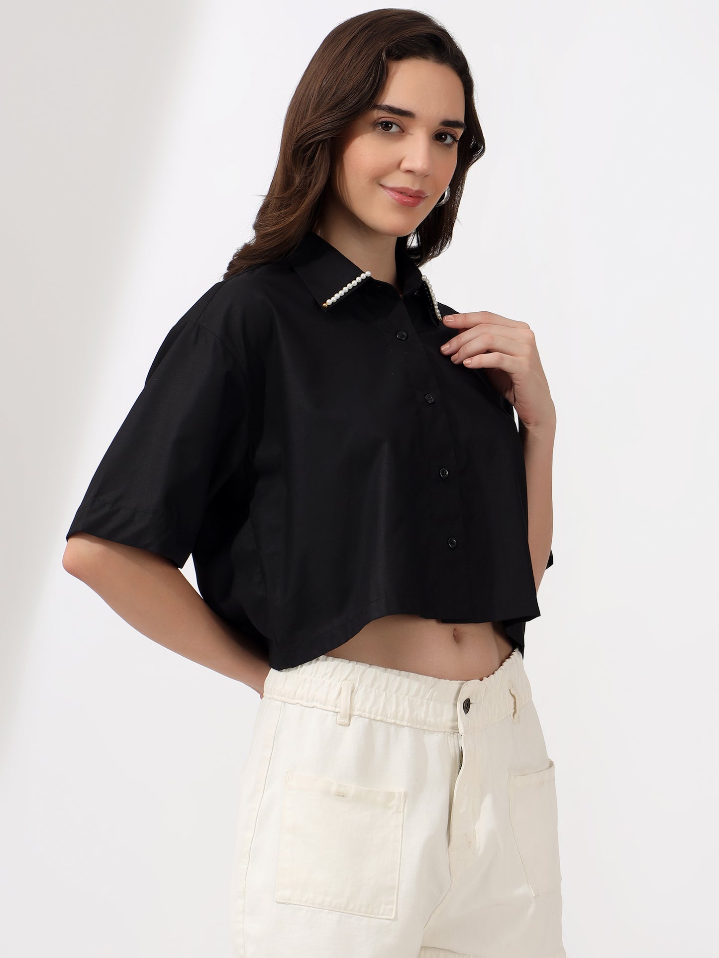 Designer Black Cropped Half Shirt with Pearl Collar – Modern Chic Casual Wear