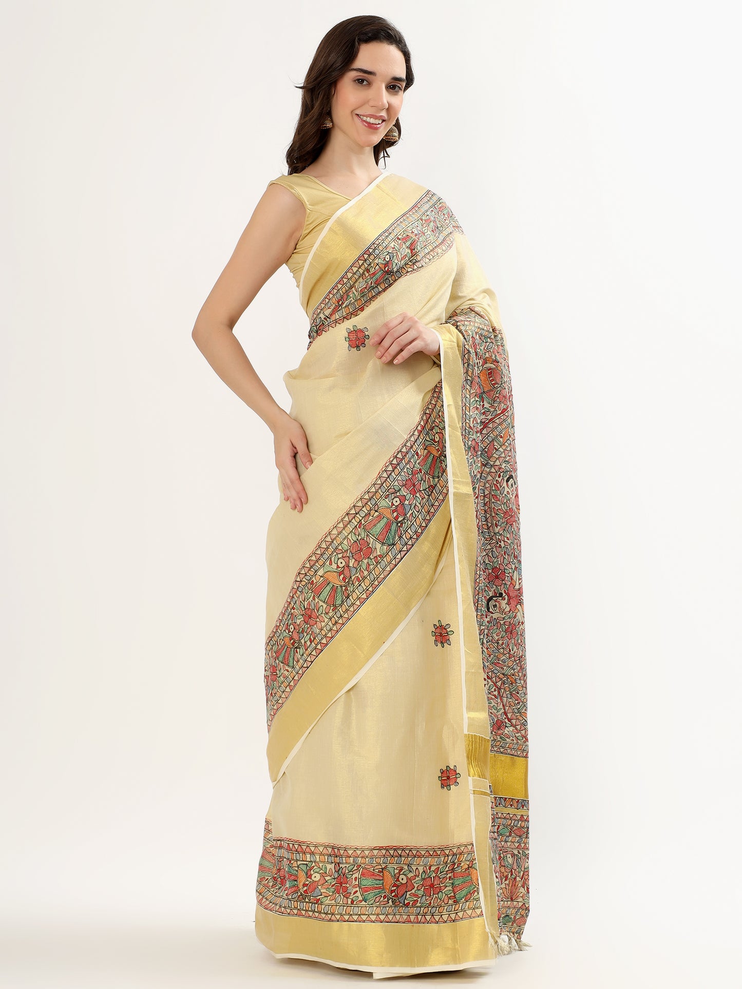 Handmade Cream Saree with Madhubani Art & Golden Border – Artisan Heritage Elegance (MADHUBANI PAINTING)