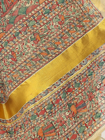 AWWRAT Handpainted Madhubani Art Saree – Artisan Heritage Elegance (MADHUBANI PAINTING)