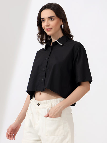 Designer Black Cropped Half Shirt with Pearl Collar – Modern Chic Casual Wear