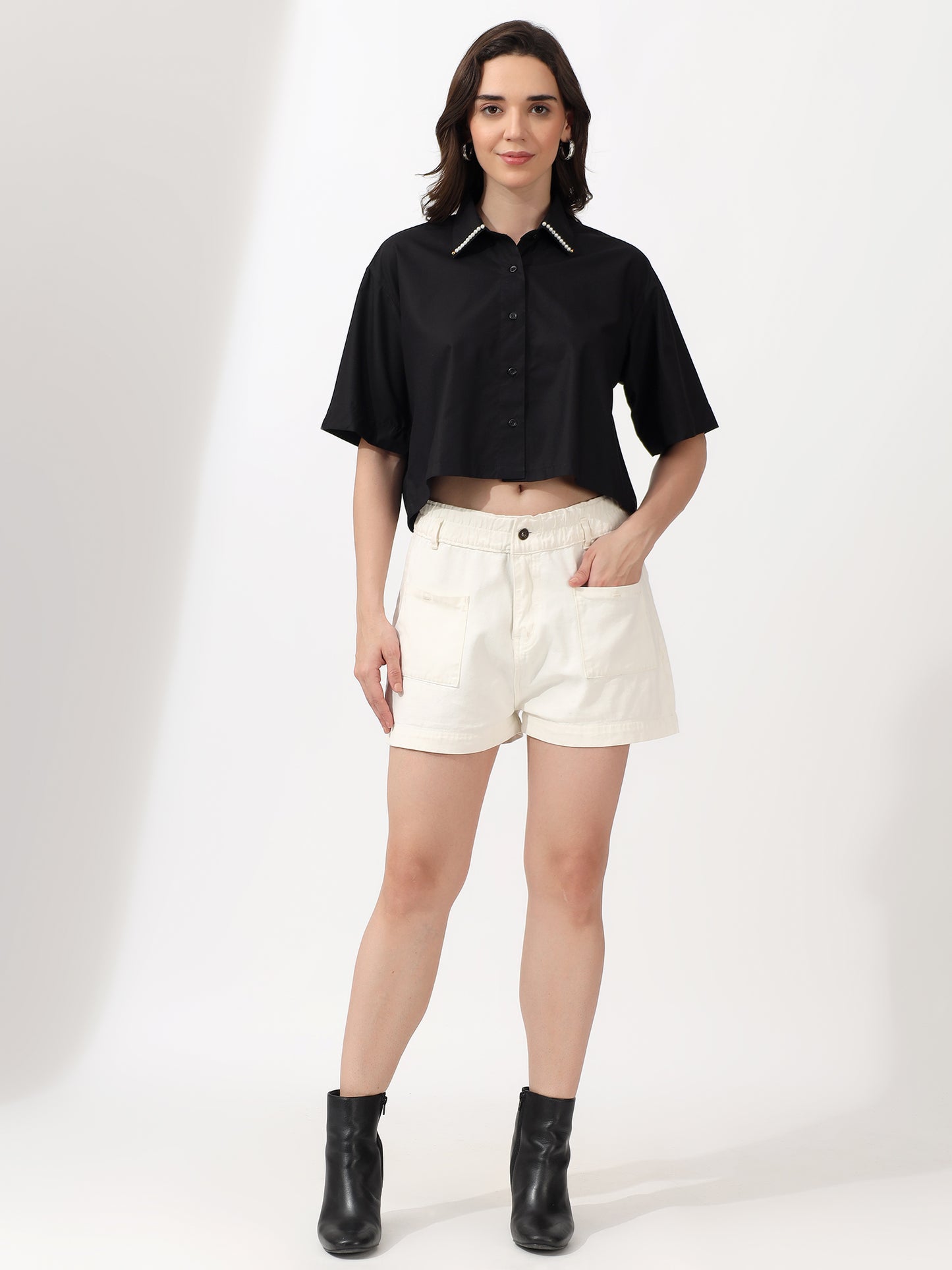 Designer Black Cropped Half Shirt with Pearl Collar – Modern Chic Casual Wear