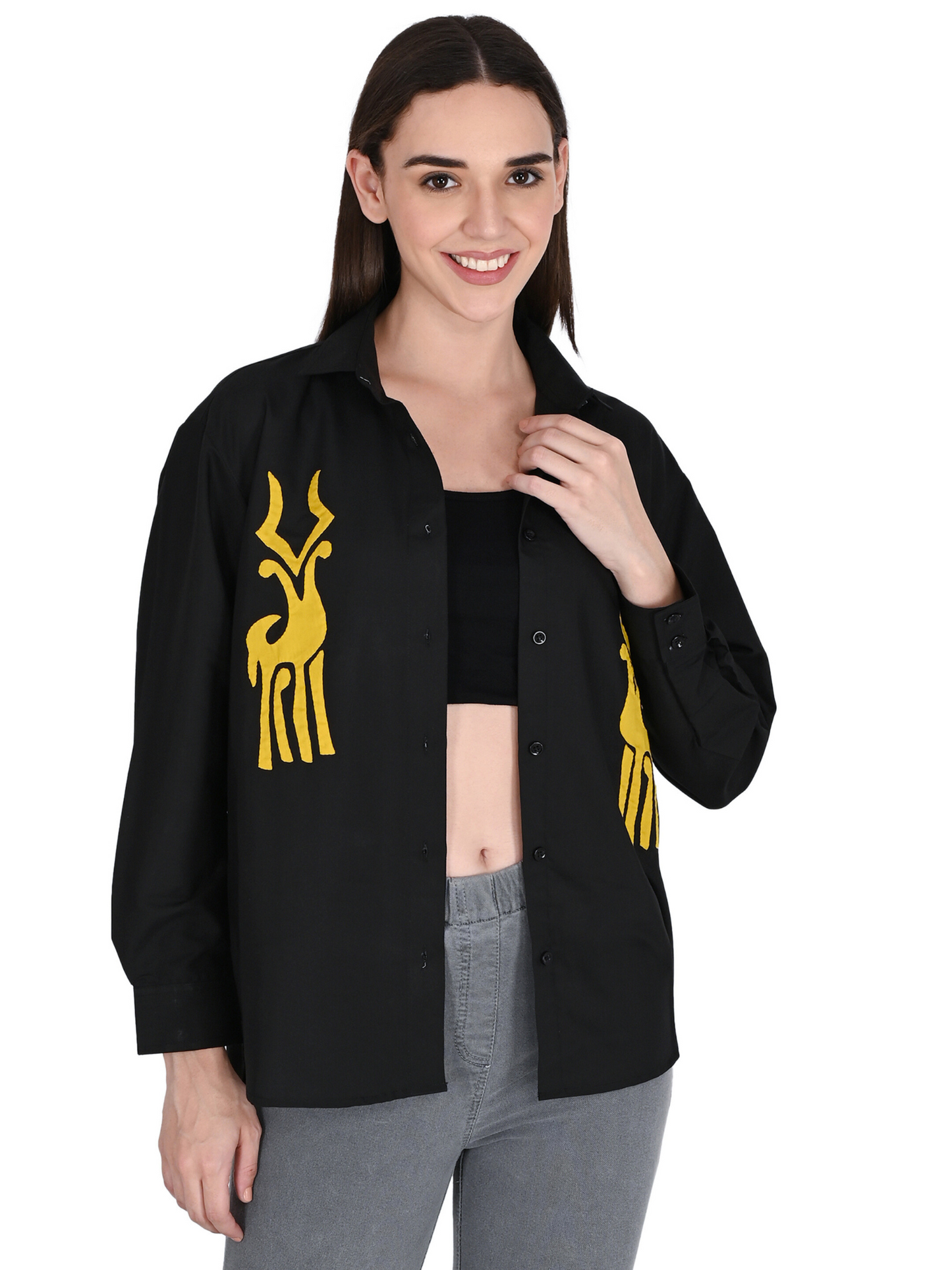 Designer Handmade Applique Patchwork Shirt For Women's, (Black)