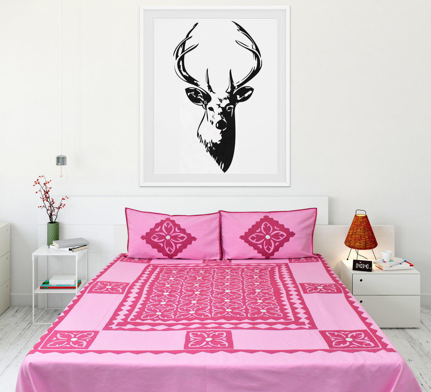 Applique Cutting Design Double Bed Bedsheet (90 x 100 inches) with Two Pillow Covers – Elegant & Durable, Baby Pink Color
