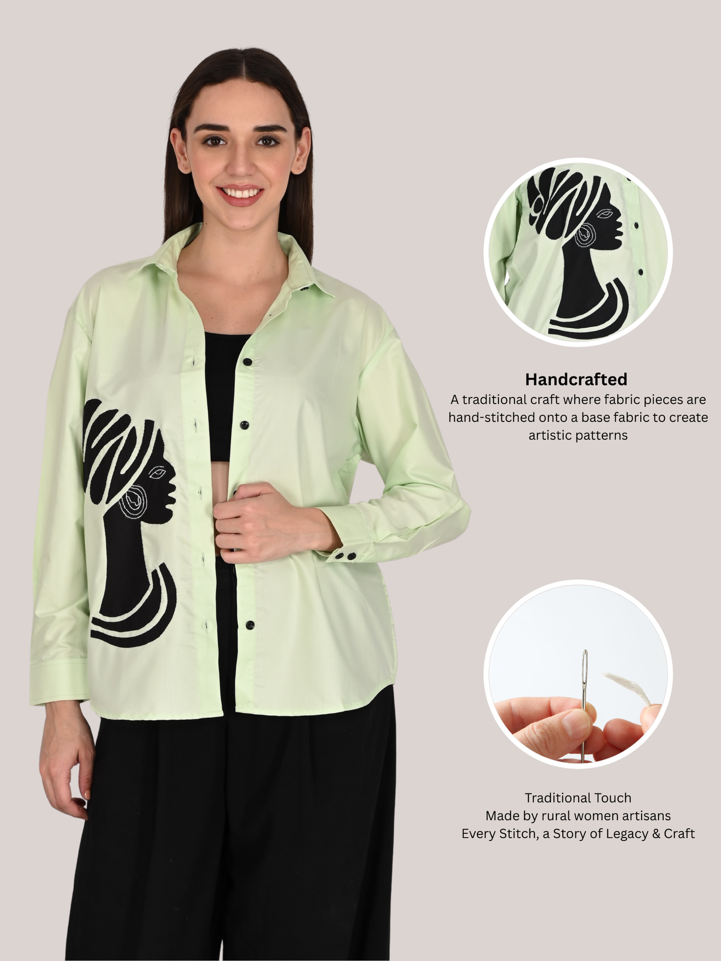 Designer Handmade Applique Patchwork Shirt For Women's, (Green)