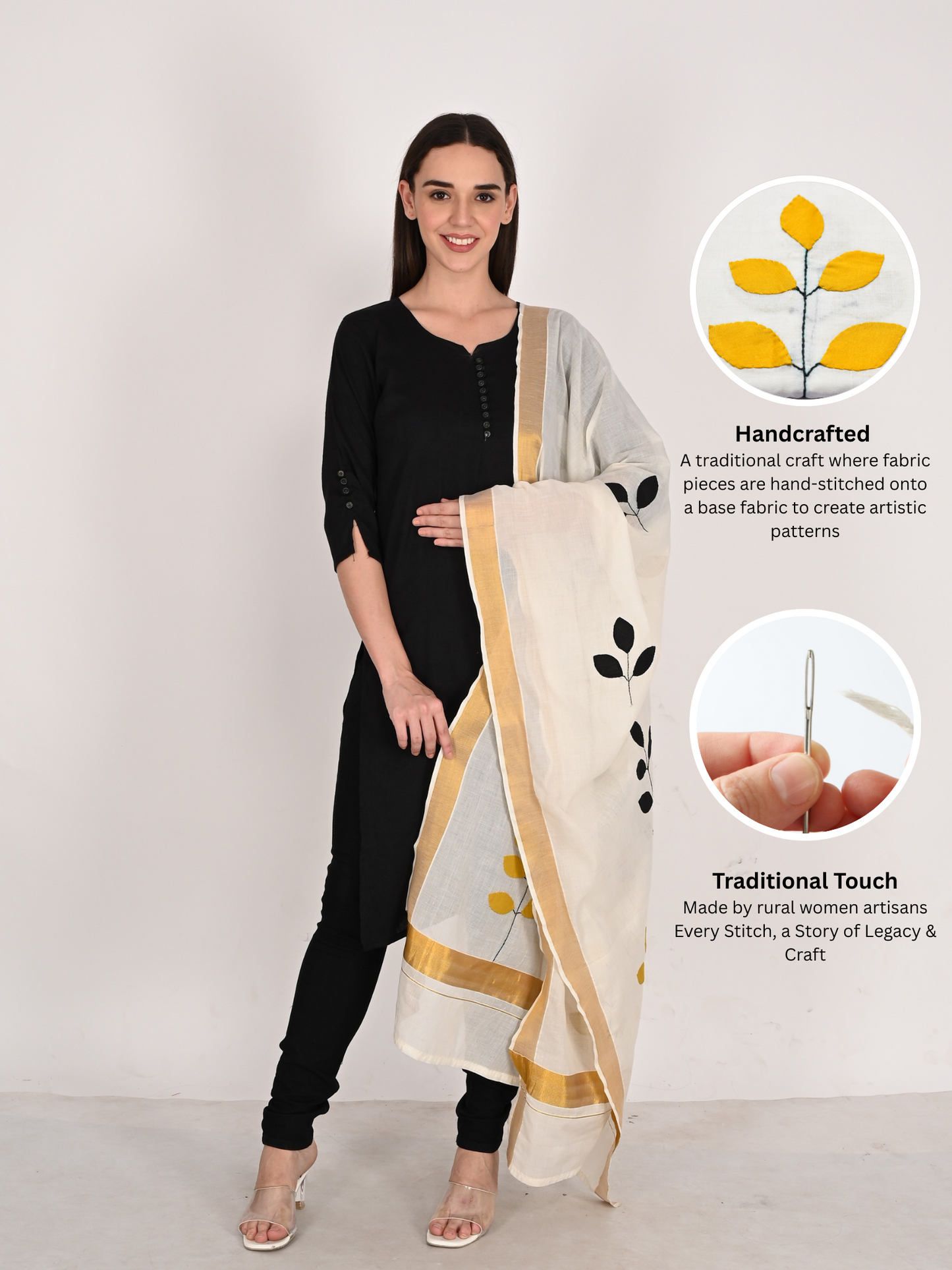 Handmade Cotton Dupatta – 2.5 Meter Applique Patchwork with Leaf Motifs & Golden Border