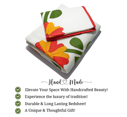 Applique Double Bed ( 90 x 100 )inch Set with Two Pillow Covers – Elegant Floral Design, White