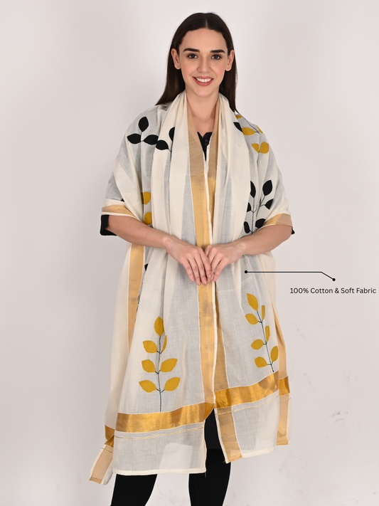 Handmade Cotton Dupatta – 2.5 Meter Applique Patchwork with Leaf Motifs & Golden Border