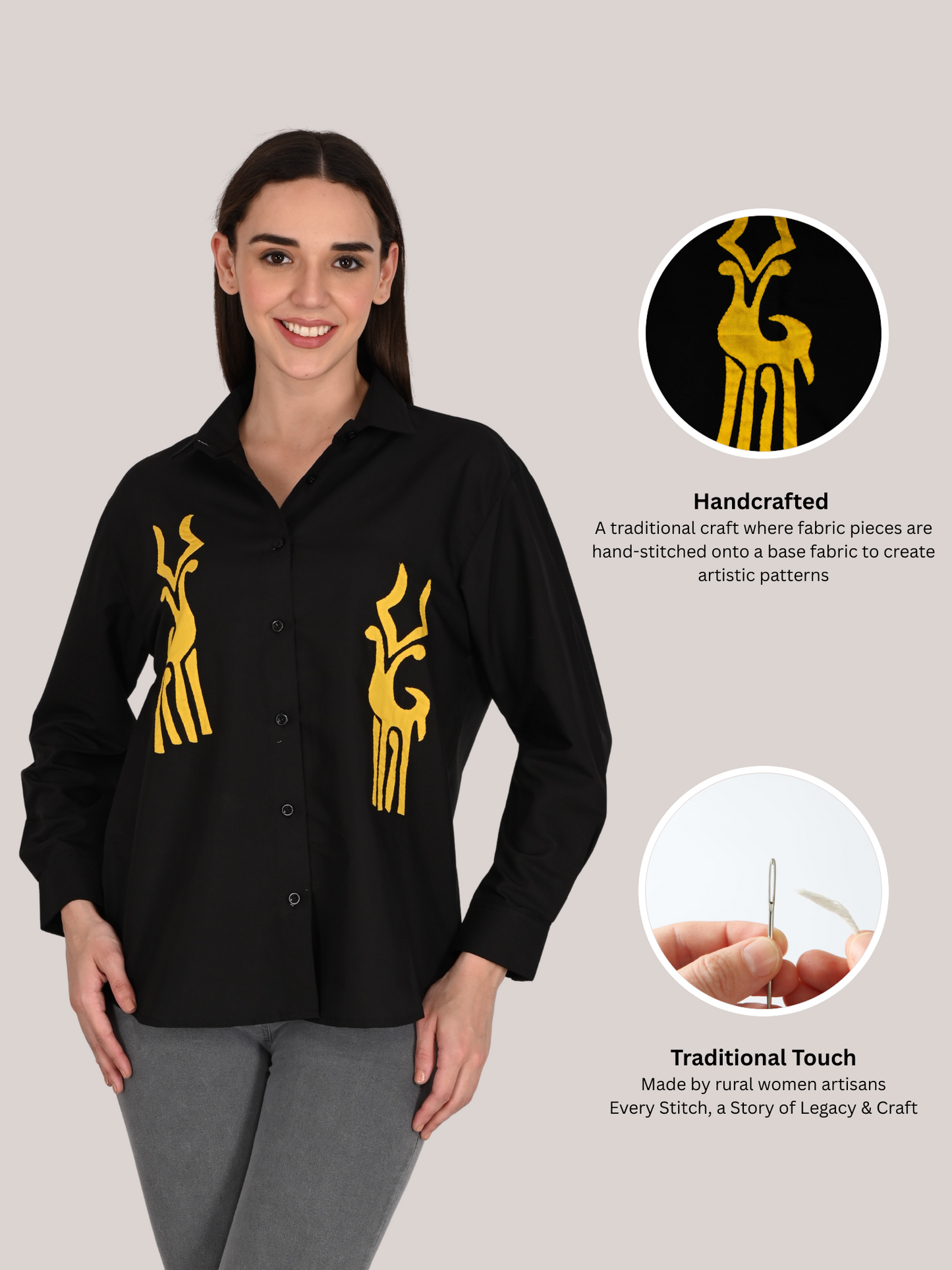 Designer Handmade Applique Patchwork Shirt For Women's, (Black)