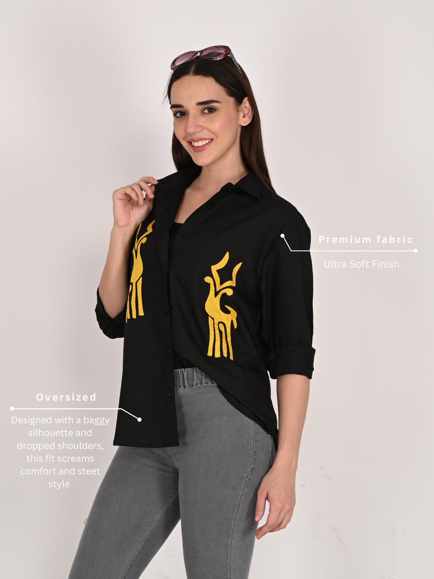 Designer Handmade Applique Patchwork Shirt For Women's, (Black)