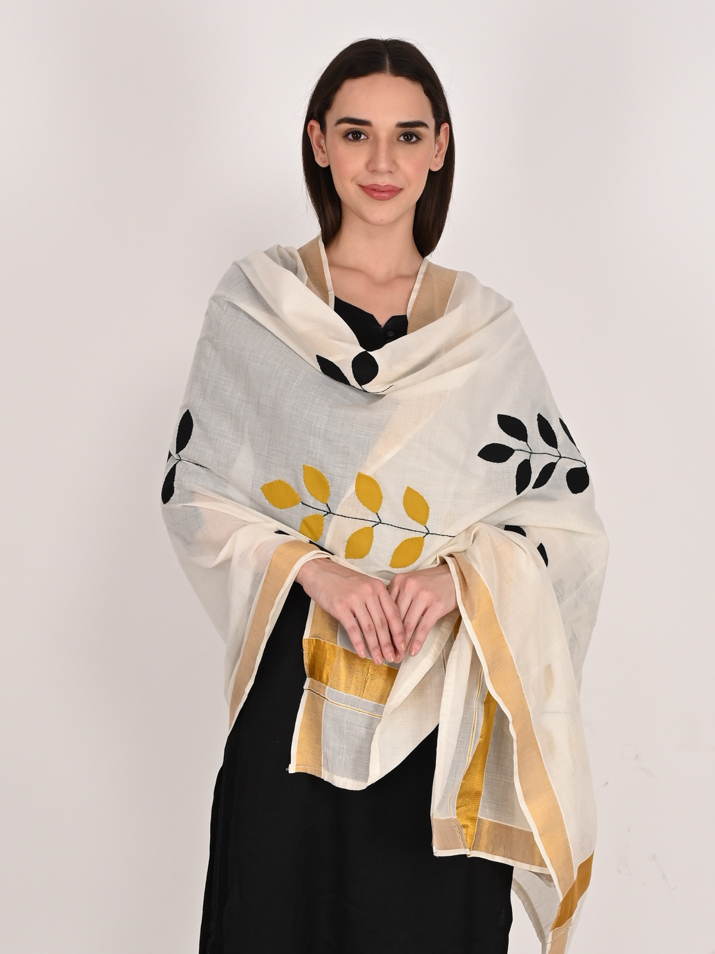 Handmade Cotton Dupatta – 2.5 Meter Applique Patchwork with Leaf Motifs & Golden Border