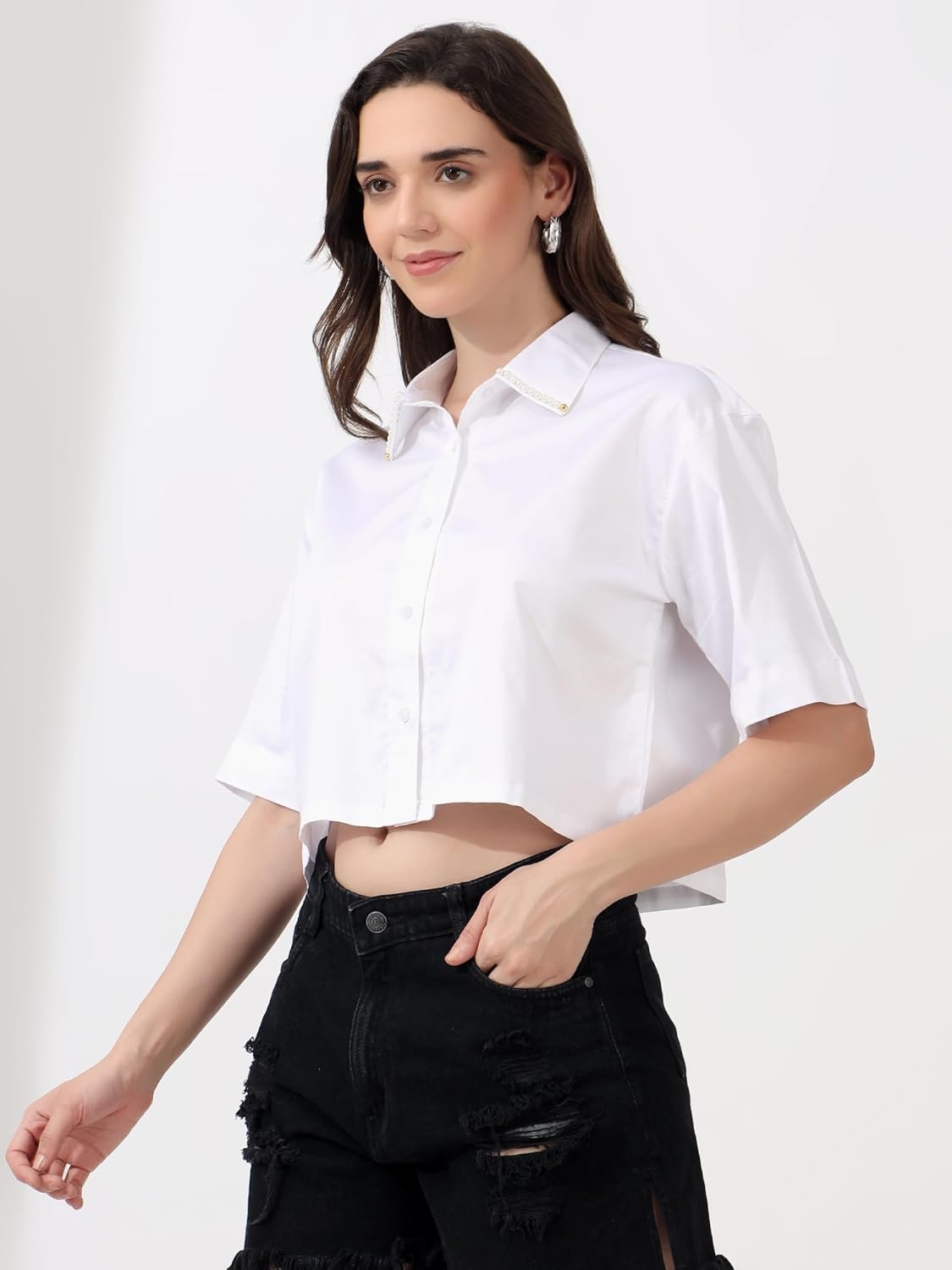 Buttondown Crop Shirt for Women with Pearl Collar & Drop Shoulder Design