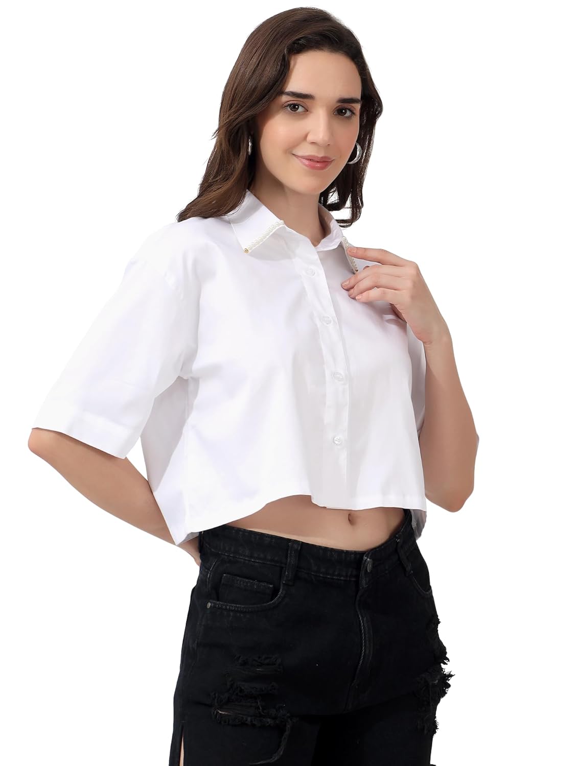 Buttondown Crop Shirt for Women with Pearl Collar & Drop Shoulder Design